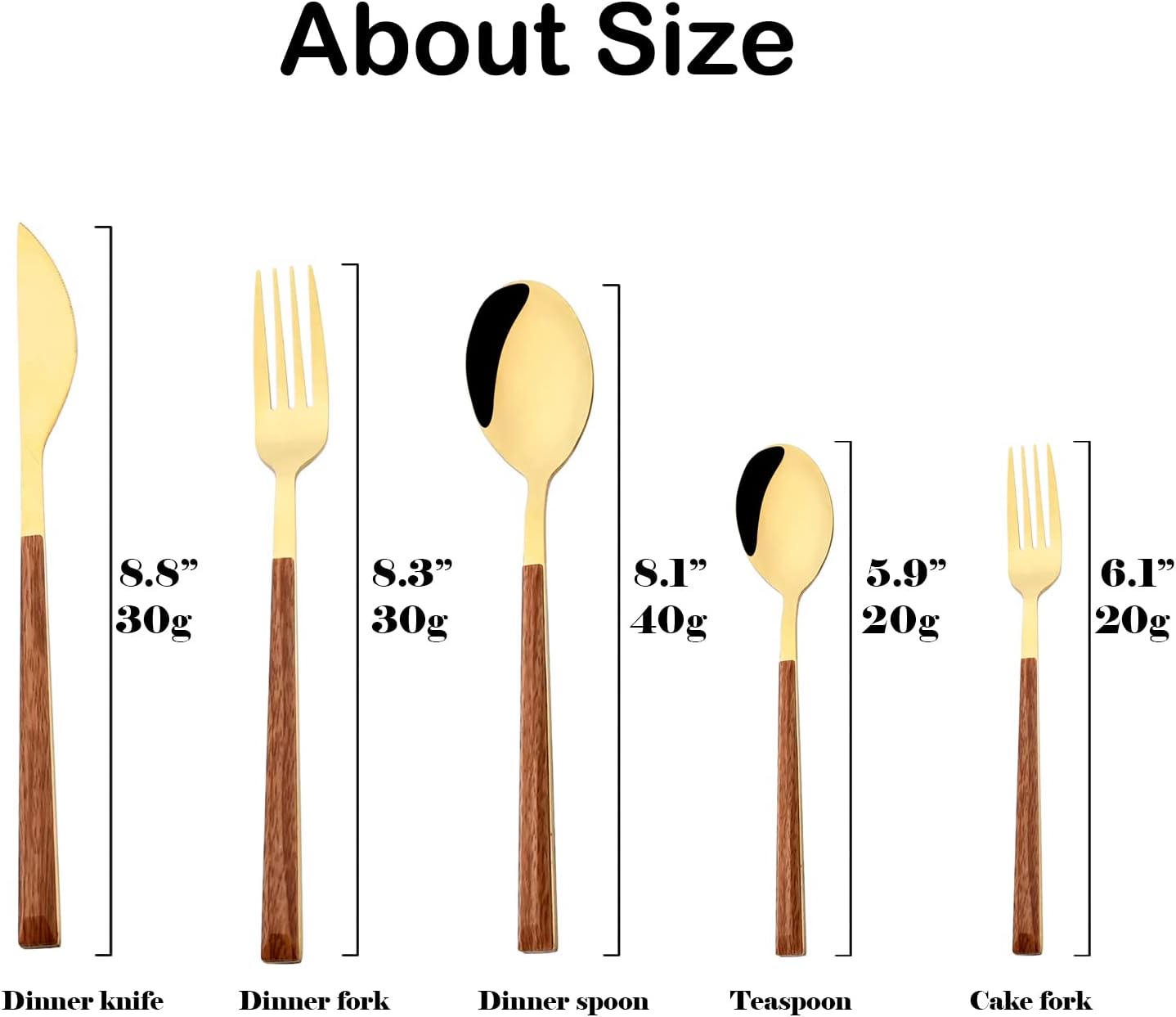 JASHII Wood Handle Flatware Set, 20 Pieces Stainless Steel Silverware Cutlery Set, Mirror Polished, Square Knife Fork Spoon Set, Dishwasher Safe - Korean Style Gold