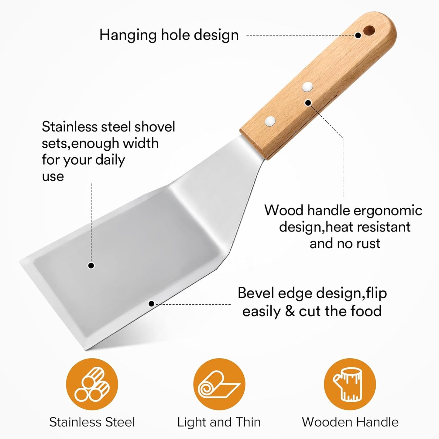 Metal Spatula Set,Fish Griddle Spatulas,Stainless Steel Spatula Turner with Wooden Handle,Small Wide Beveled Edges Spatulas Flippers for Cast Iron Skillet, Pancake, Egg, Burger, Omelet, 2 Pack