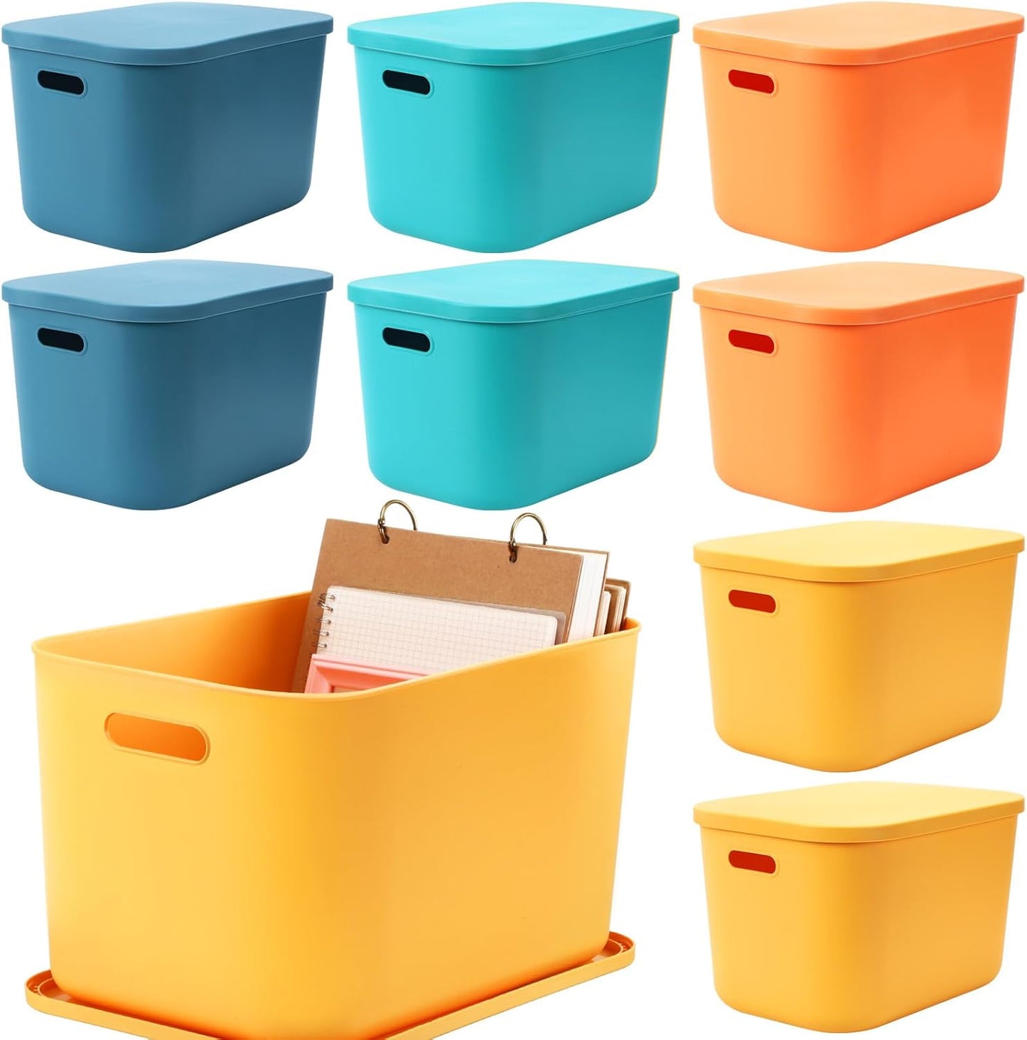 Hoolerry 8 Pieces Colorful Storage Bins with Lid, Plastic Storage Basket Organizing Container Stackable Box with Handle for Shelves Desktop Playroom Office(14.2 x 10.2 x 9.5 Inch,Multi-colored)