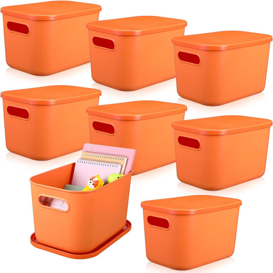 Hoolerry 8 Pieces Colorful Storage Bins with Lid, Plastic Storage Basket Organizing Container Stackable Box with Handle for Shelves Desktop Playroom Office(10.2 x 7 x 6.3 Inch,Orange)