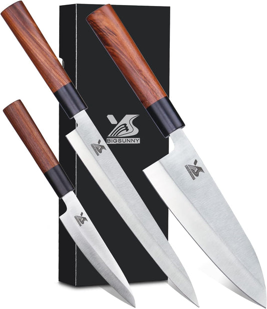 MSY BIGSUNNY 3pcs Sashimi Knives Set - Sushi Knife Set (3 in 1) - Stainless Steel - Brown