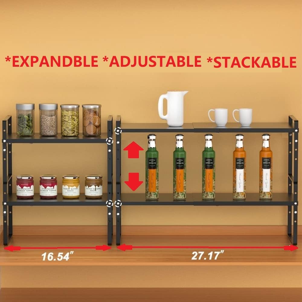 Expandable Stackable Spice Rack Cabinet Shelf Organizer in Cabinets Shelves Kitchen Cupboard Organization Stack up Racks Pantry Countertop Storage Large/Black 2 Packs