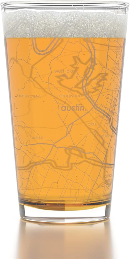 Well Told Engraved Austin Texas Map Pint Glass, Etched Beer Gift (16 oz, Clear) City Map Pint, Custom City Glassware, Gifts For Beer Lovers