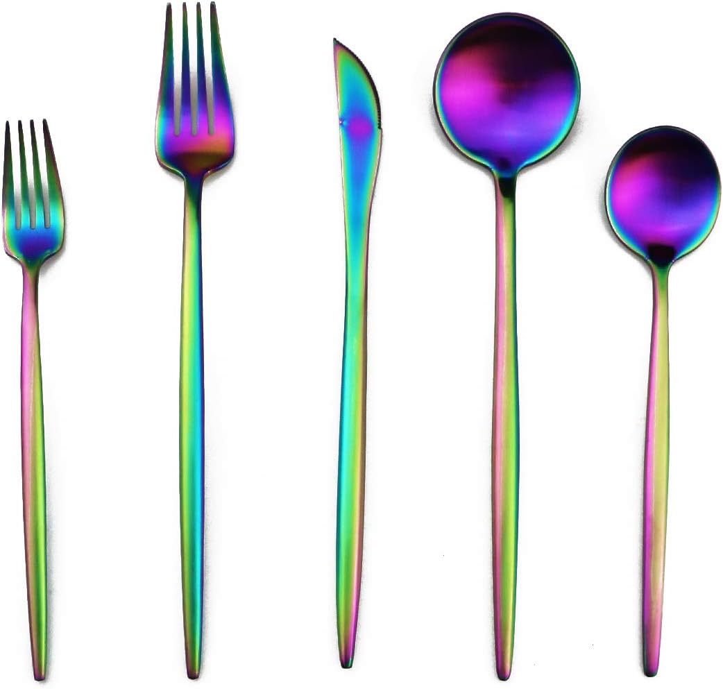 Matte Rainbow Silverware, Gugrida 5-Piece 18/10 Stainless Steel Flatware Set, Satin Finish Kitchen Utensils, Tableware Travel Cutlery for Camping, Office or School Lunch, Dishwasher Safe