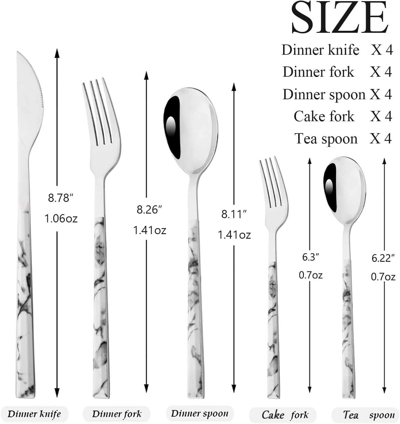 20 Piece (4 Set) Silver Stainless Steel Tableware With White Marble Handle, Wedding Cutlery And Daily Use, Silverware For Home Restaurant Party, Mirror Finished