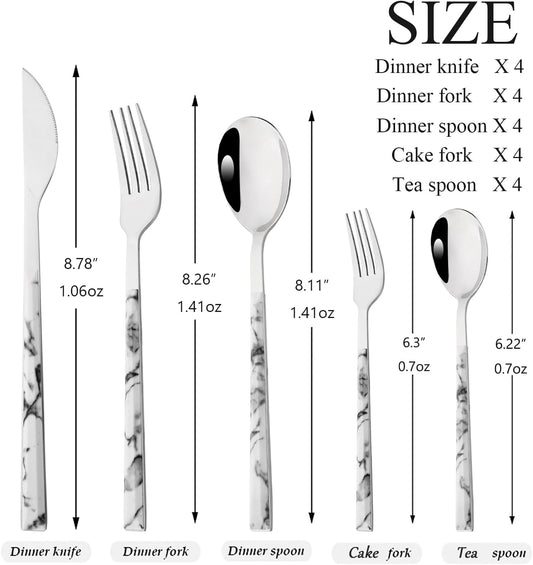 20 Piece (4 Set) Silver Stainless Steel Tableware With White Marble Handle, Wedding Cutlery And Daily Use, Silverware For Home Restaurant Party, Mirror Finished