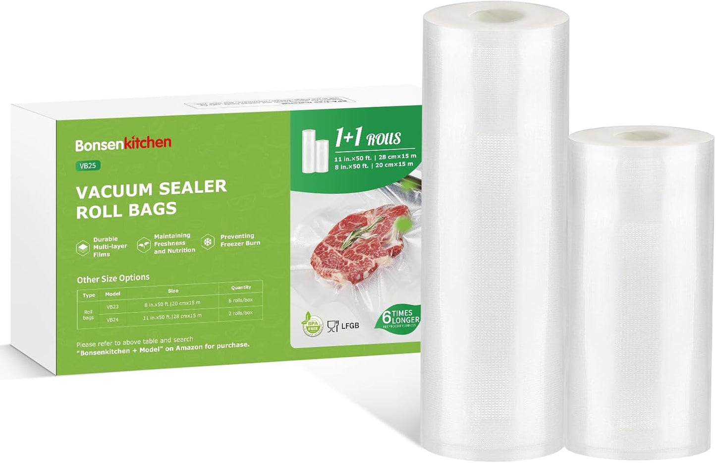 Bonsenkitchen Vacuum Sealer Bags Rolls, 11in x 50ft & 8in x 50ft Durable Food Sealer Bags, Commercial Grade, Heavy Duty, BPA Free, Seal a Meal, Great for Food Storage & Sous Vide Cooking, VB25