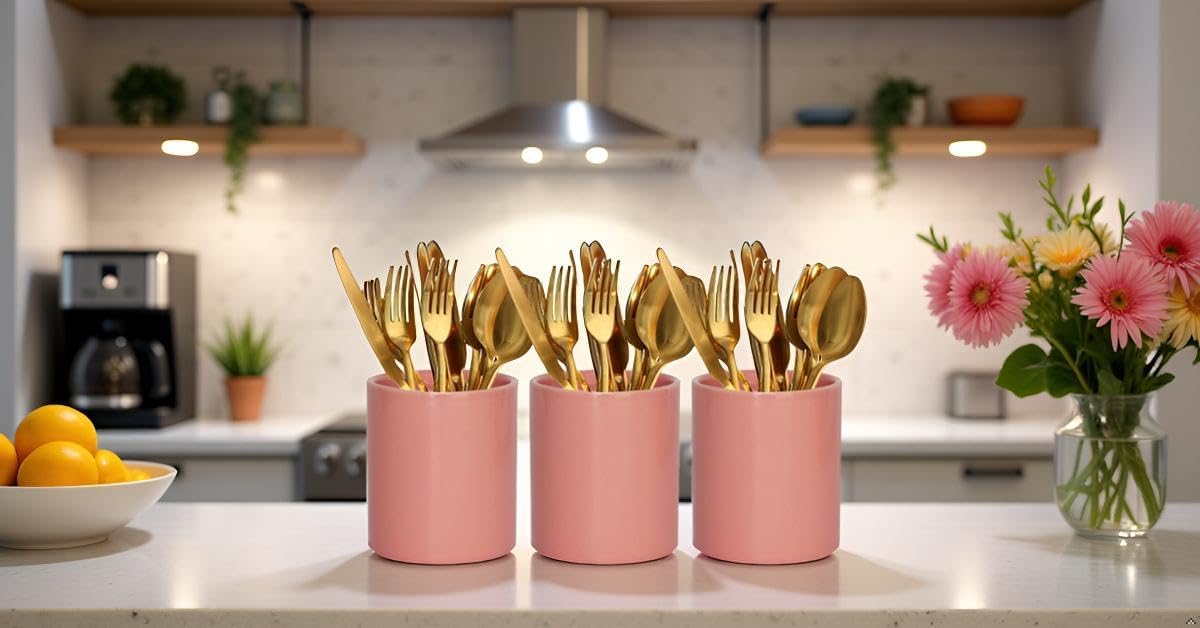 Utensils Holder,Caddy Cutlery Holder Silverware, Utensils Organizer Elegant Pink Porcelain, Spoon Holder for Party Tableware Holder for Kitchen Table, Cabinet