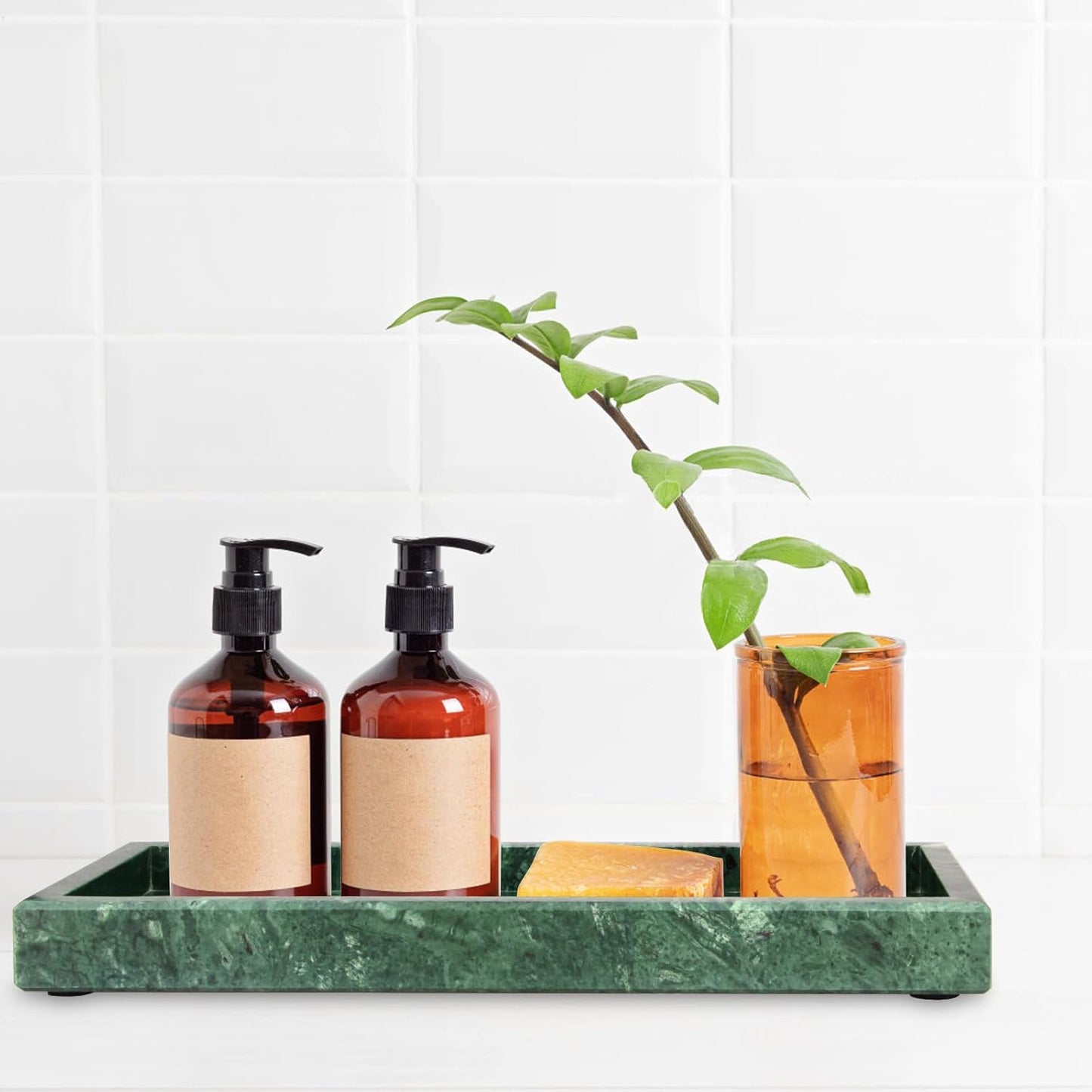 Marble Bathroom Vanity Tray,Luxury Natural Stone Small Decorative Tray,Soap Dispenser Dresser Top Perfume Home Kitchen Toilet Tank Sink Tray for Soap Bottles, Key Trinket Ring Tray(Green)