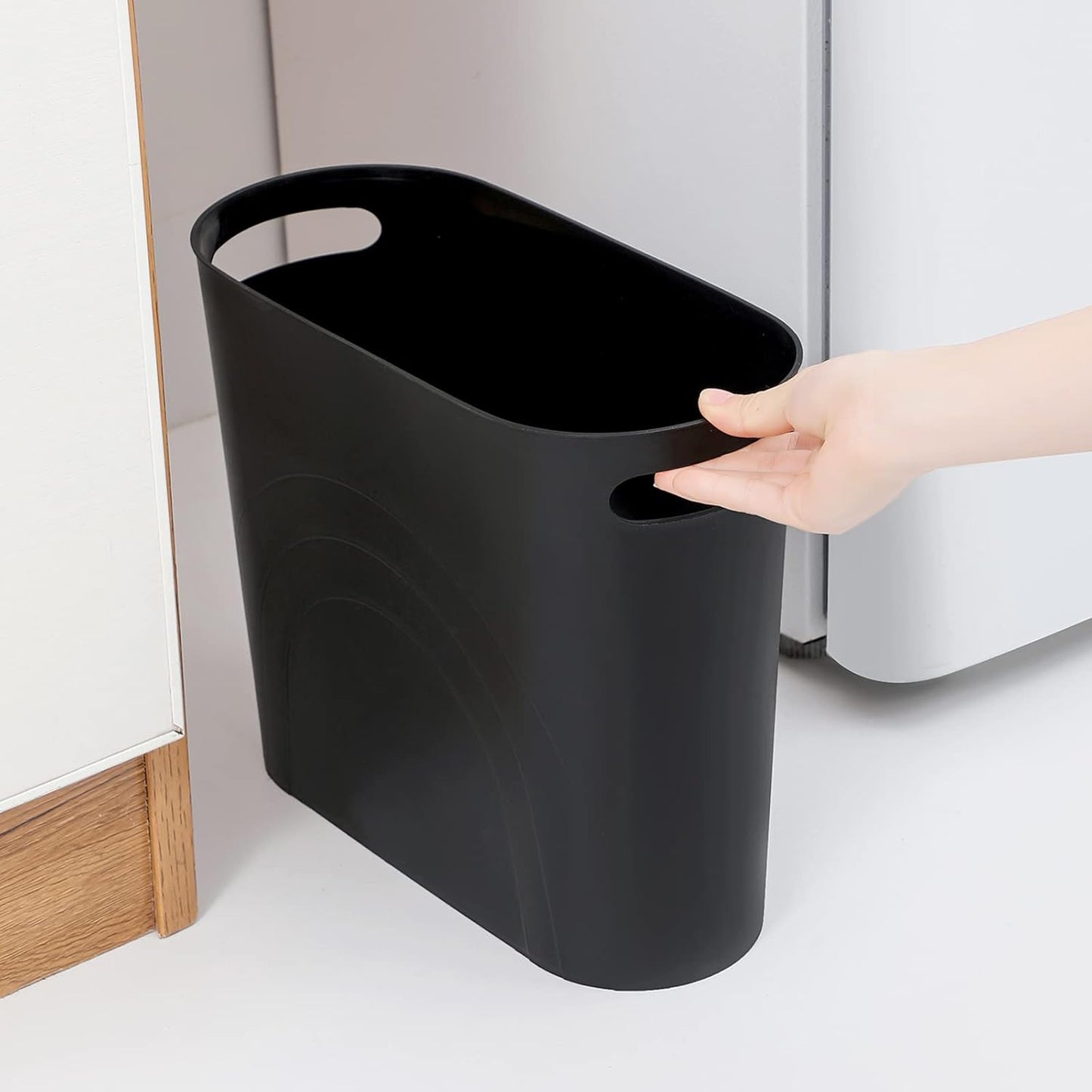 rejomiik Small Trash Can, Slim Garbage Can Plastic Waste Basket with Handles 3.5 Gallon Container Bin for Narrow Spaces Bathroom, Bedroom, Kitchen, Office at Home, 2 Pack Black