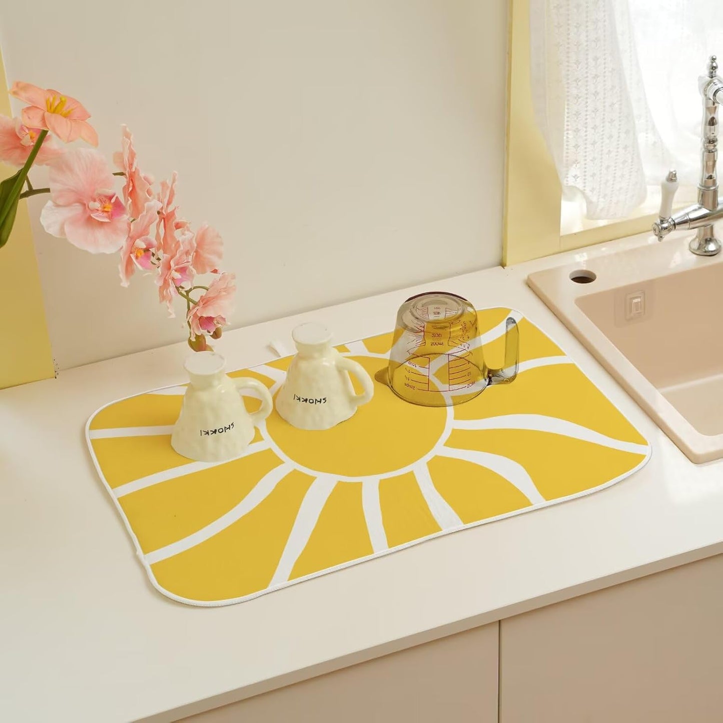 Summer Dish Drying Mat 18 x 24 inch, Yellow Sunshine Decorative Decorative Drying Mats Microfiber Absorbent Dish Washable Draining Mat for Kitchen Counter Decor