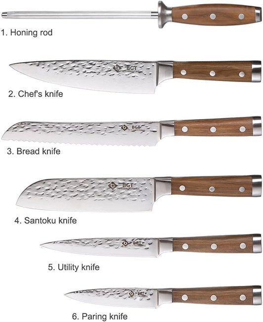 BGT Japanese 67 Layer High Grade VG-10 Super Damascus Steel Knives, Sharp, Teak Handle Professional Hammered Kitchen Knife Set with Knife Roll Bag 6Pcs Set (Silver Blade)