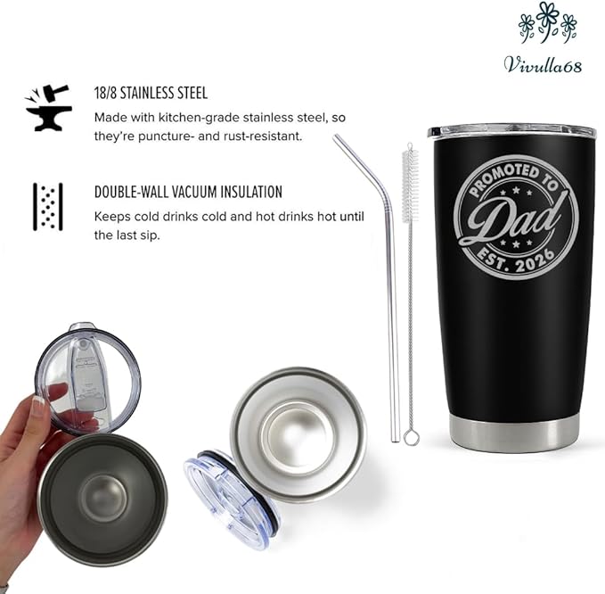 Vivulla68 Promoted To Dad 2026 Tumbler 20Oz, Dad Est 2026 Mug, 1st Daddy Gifts, New Baby Gifts Ideas, Papa Established 2026 Coffee Cup, Fathers To Be Gift, Expecting Papa Mug, First Time Daddy Gift