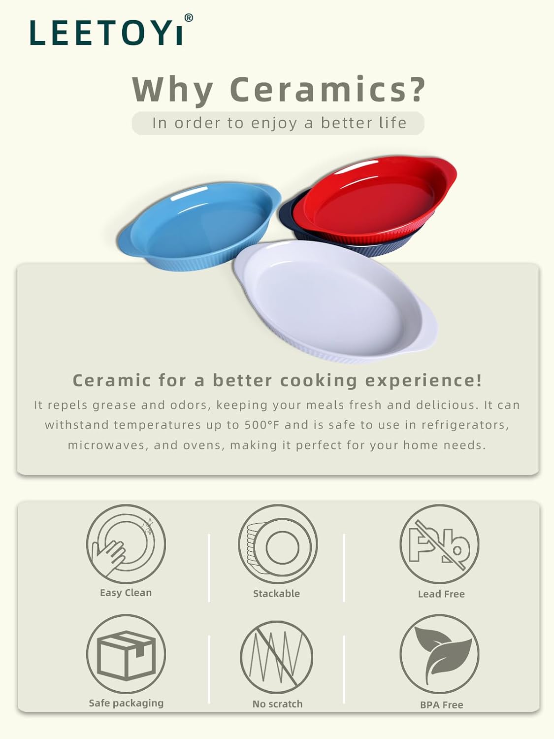 LEETOYI Porcelain 9x13 Large Oval Au Gratin Pans,Baking Dish for Servings, Bakeware with Double Handle for Kitchen and Home, Navy