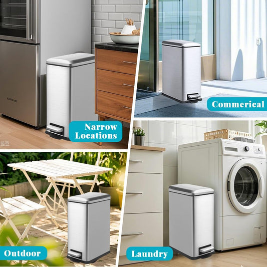 30L/Slim 8 Gallon Stainless Steel Trash Can with Soft-Close Lid & Removable Inner Bucket, Fingerprint-Proof, Odor-Controlled Kitchen Bathroom & Office Waste Bin, Silver