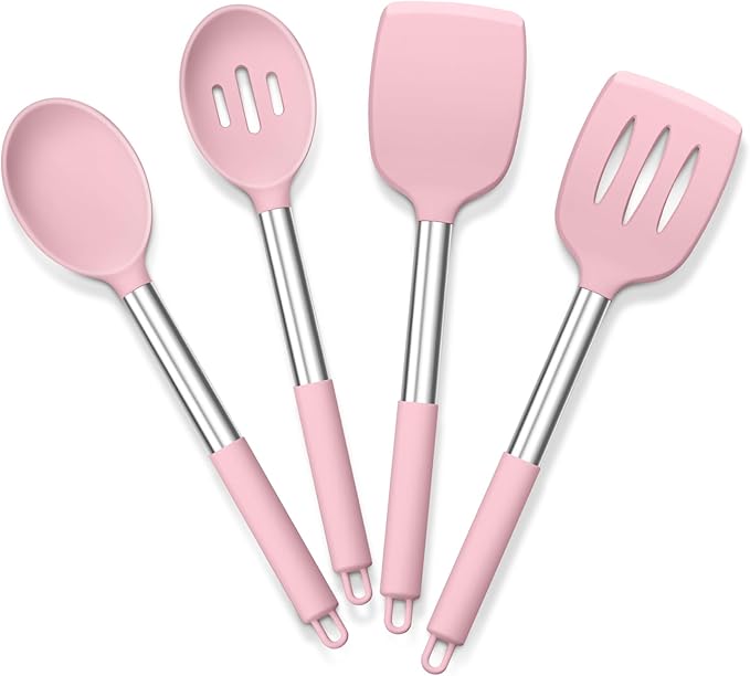 E-far Cooking Utensils Set of 4, Silicone Kitchen Utensils for Non-stick Cookware, Heat Resistant & Non-toxic Slotted Spatula Solid Spoon Turner for Flipping Mixing Serving Basting(Pink)