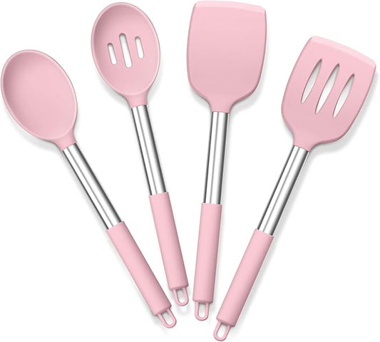 E-far Cooking Utensils Set of 4, Silicone Kitchen Utensils for Non-stick Cookware, Heat Resistant & Non-toxic Slotted Spatula Solid Spoon Turner for Flipping Mixing Serving Basting(Pink)