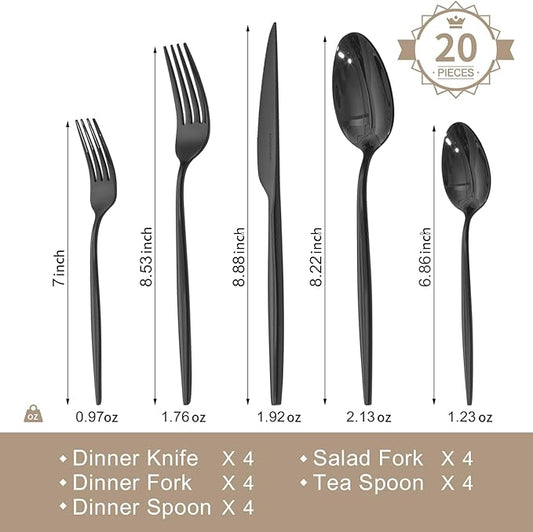 KINGSTONE Silverware Set, 20-Piece Flatware Set Cutlery Set Premium 18/10 Stainless Steel, Tableware Include Forks Knives Spoons for Home Kitchen Restaurant Wedding, Dishwasher Safe,Black