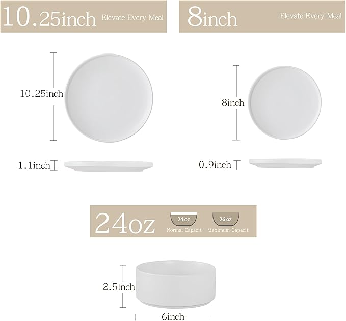 24 Piece Ceramic Dinnerware Set for 8, Modern Minimalist Stoneware Dinner Plates and Bowls, Microwave Safe, Dishwasher Safe, Versatile for All Seasons, Matte White