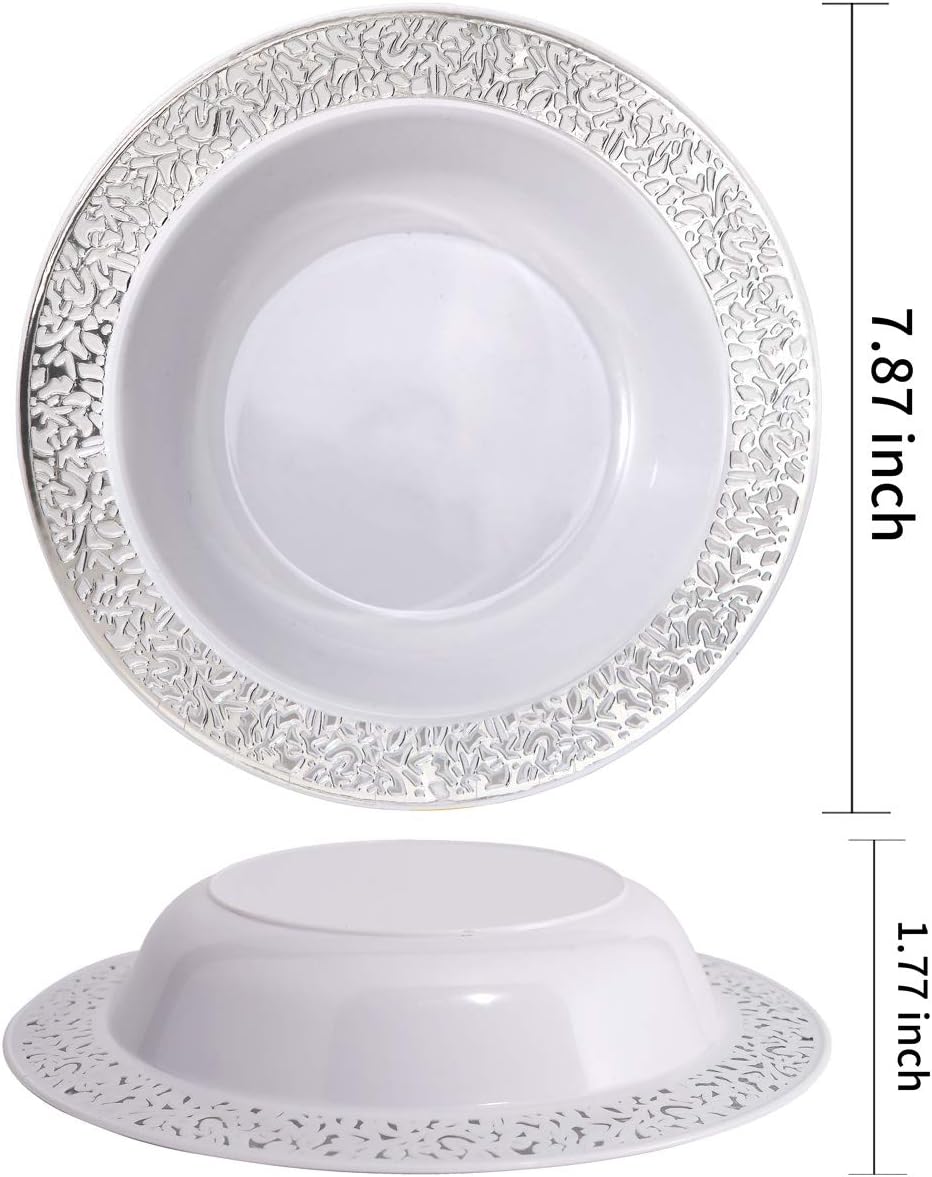 I00000 60 Plastic Soup Bowls 12 oz, Silver Disposable Dessert Salad Bowls,Silver Platsic Party Dishes for Party and Wedding