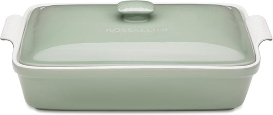 Stoneware Casserole Dish Bakeware Set with Lid, Covered Rectangular Dinnerware, Extra Large 4.23 Quart, 13 by 9 Inch, Verde Salvia [Sage Green]
