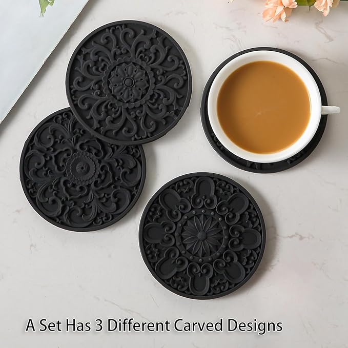 Colinda Silicone Coasters - Set of 6 with Holder, Non-Slip Cup Mats for Hot and Cold Drinks, Decorative Designs, Gift Ready Packaging,Black