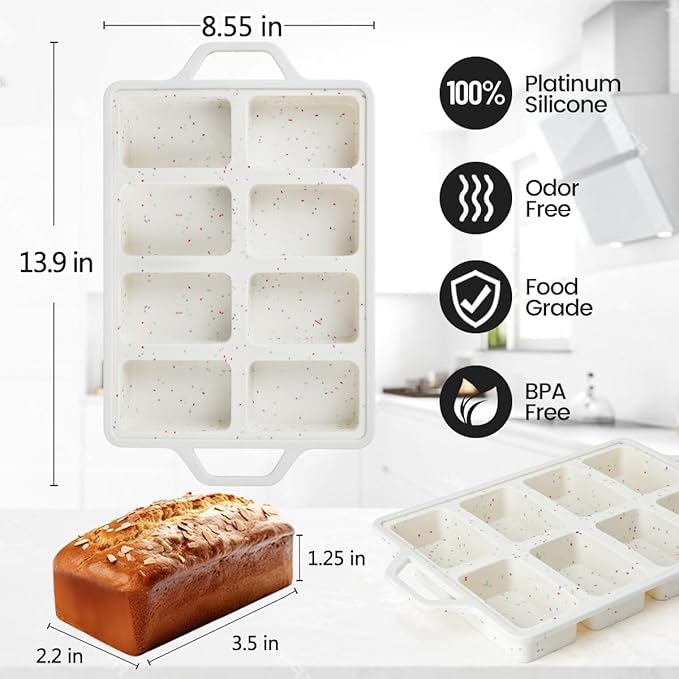 Mini Loaf Pan, Metal Reinforced Silicone Mini Bread Loaf Pan Nonstick Cornbread Pan 8 Cavities Small Loaf Pans for Baking Bread, Loaf, Meatloaf, Brownie, Butter