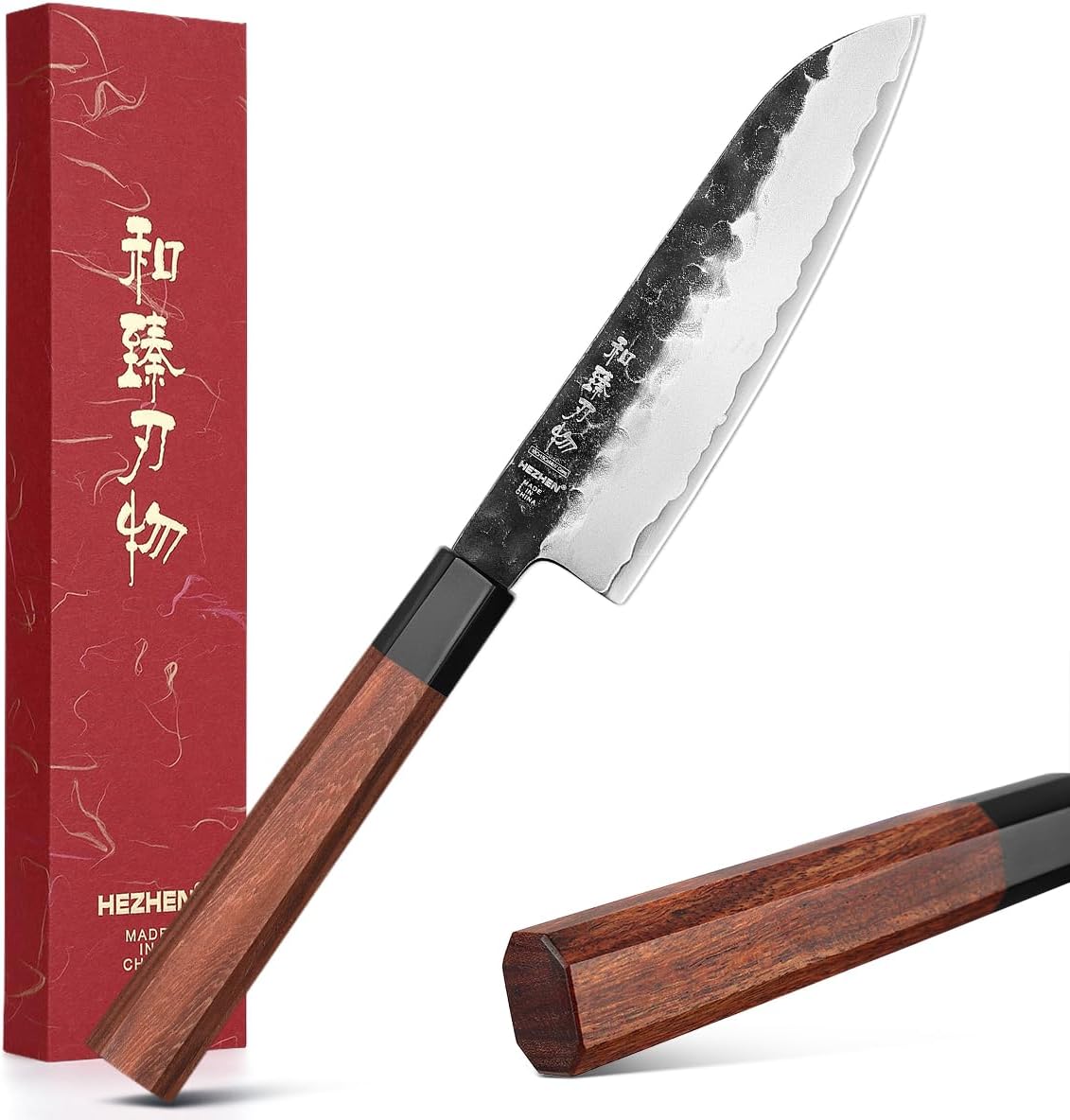 HEZHEN 5.5 Inches Santoku Knife, Three-layer Clad Steel, Professional small Japanese Chef Knife, Ultra Sharp Blade, Red Wood Octagonal Handle