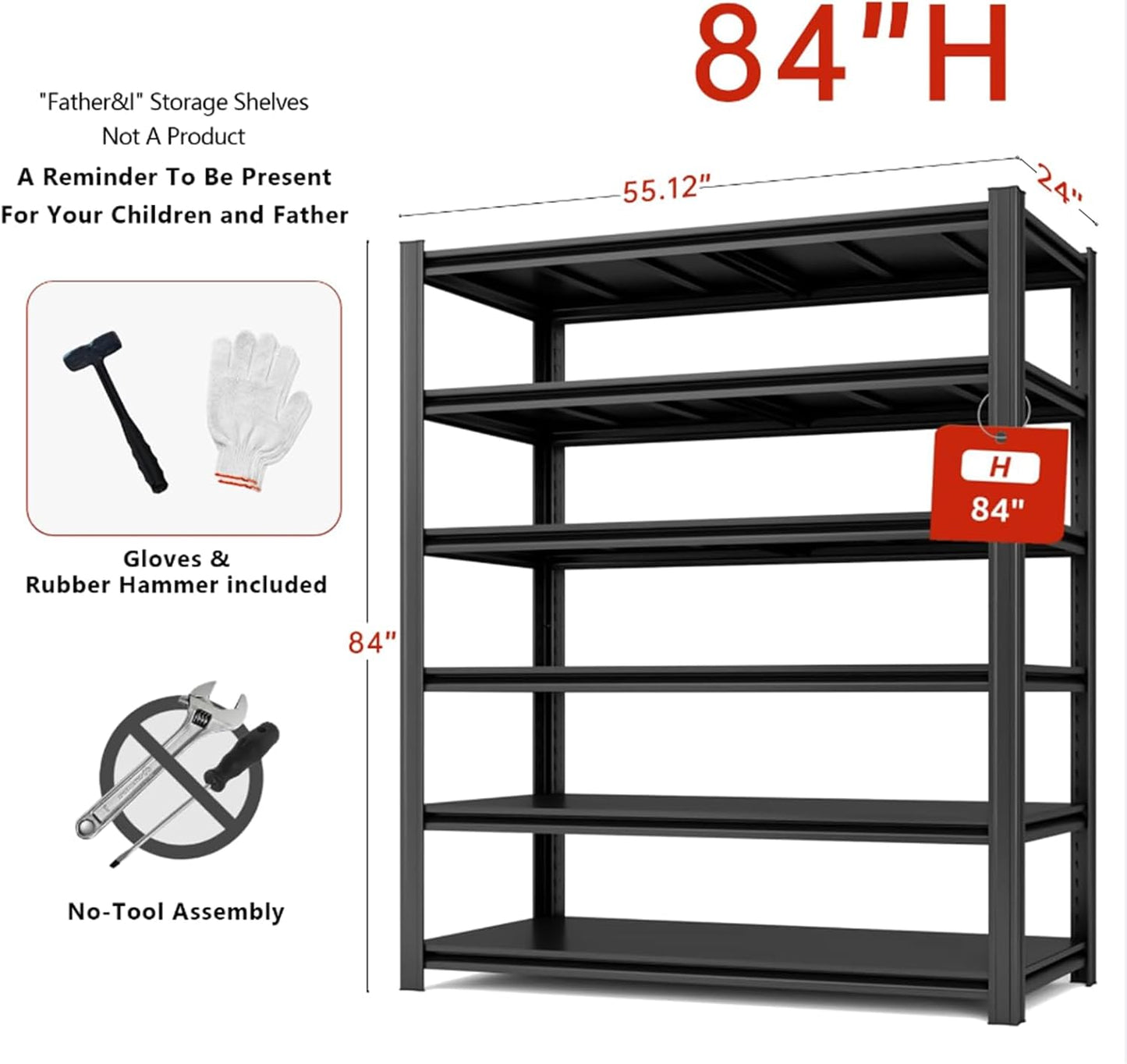 55.12" W Father&I 6-Shelf Industrial Adjustable Heavy-Dudy Tall Metal Steel Garage Storage Shelves Shelving Units/Rack System (Commercial) for Basement/Shop/Dorm, 84" H*55.12" W*24" D*, Black