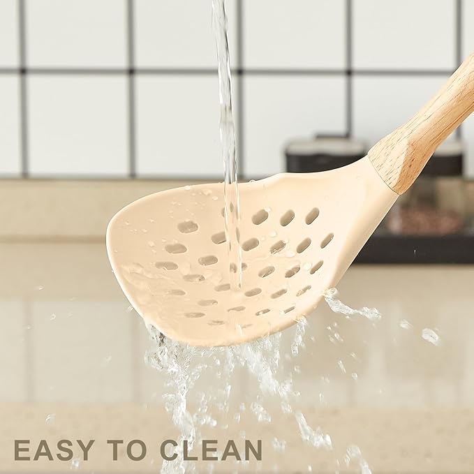 Kitchen Utensils Set - 34 PCS Non-Stick Silicone Cooking Utensils Set with Wooden Handle,Kitchen Gadgets Tools Set for Nonstick Cookware (Khaki-34P)