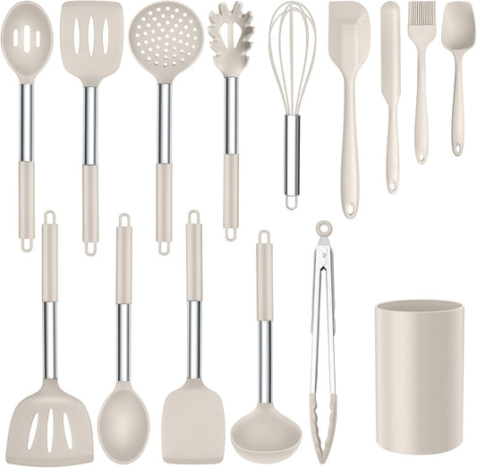 Onader Silicone Cooking Utensils Set of 15, Kitchen Utensils Set with Holder for Nonstick Cookware, 446°F Heat Resistant Stainless Steel Handle - Khaki