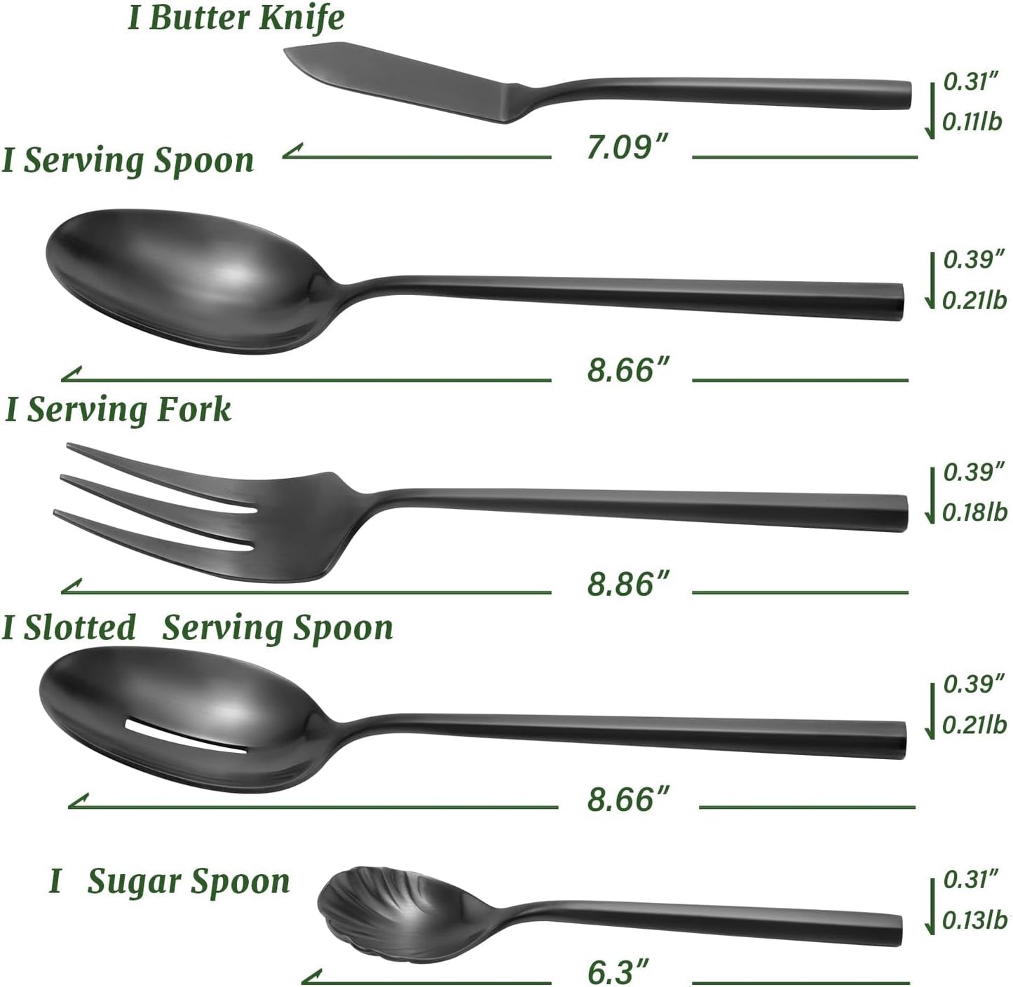 DEACORY Silverware Set with Serving Utensil Set Matte Black Flatware Set Hand Forged Stainless Steel Cutlery Set 45 Pieces Matte Finished Hexagon Handle Service for 8