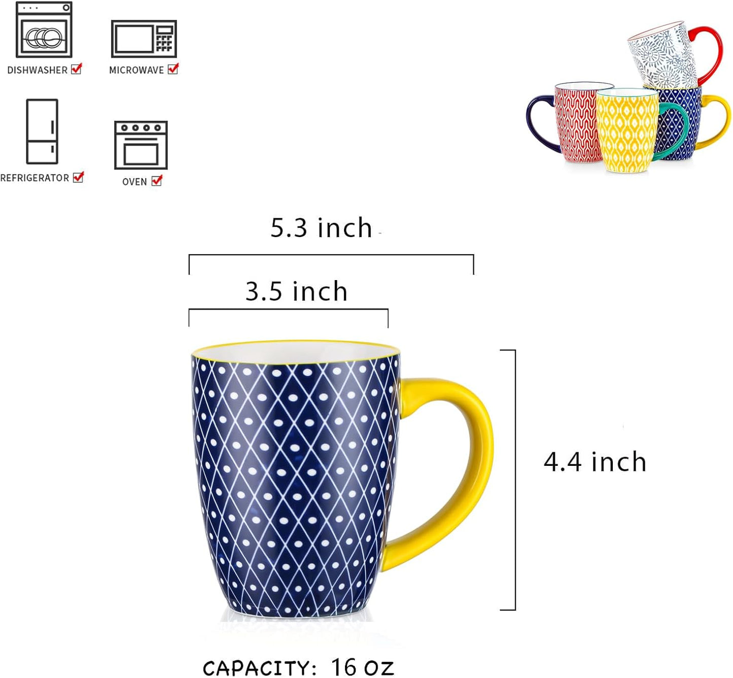 Selamica Ceramic Coffee Mugs Set of 4, 16 OZ Coffee Mug with Handle, Large Coffee Cups for Cappuccino, Tea, Mocha, Cocoa, Dishwasher Microwave Safe, Assorted Colors