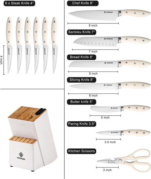 KUNYUAN Kitchen Knife Set, 15-Piece Knife Set with Self-Sharpening Block, Dishwasher Safe, 6 Steak Knives, Anti-Slip Handle, White