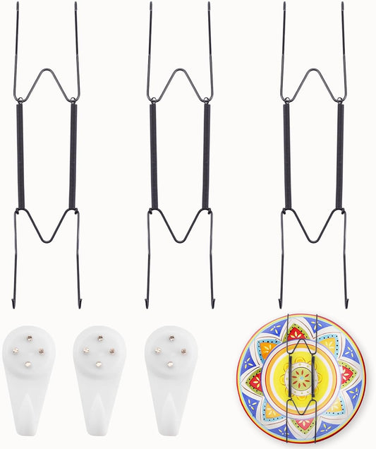 3 Pack Plate Hangers for The Wall Suitable for 9-11 inch Small Decorative Plate, Invisible Stainless Steel Plate Hangers for Display with Wall Hooks, for Plates/Platter/Dish/Picture(Black)