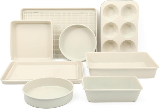 Martha Stewart Gallen 10 Piece Baking Pans Ceramic PFA Free Non Toxic Non Stick Bakeware Set - Linen White