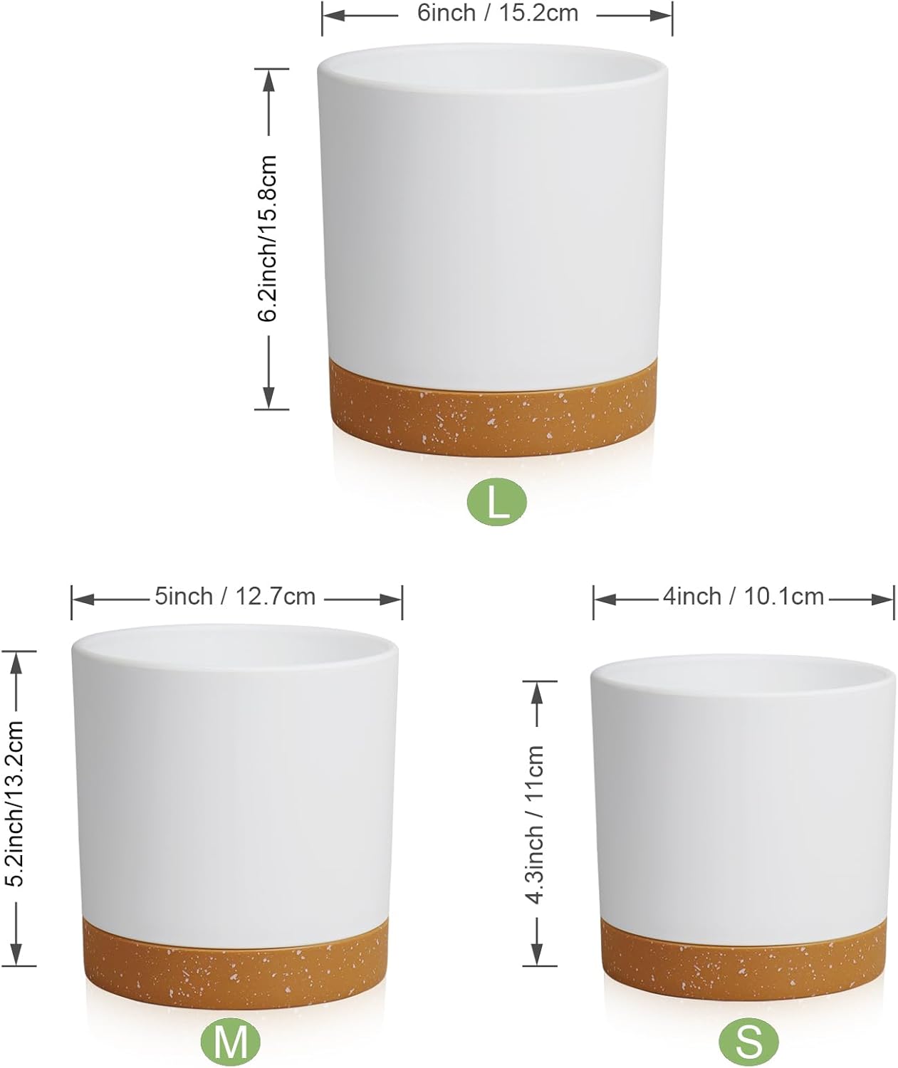 3 Pack 6/5/4 inch Cylindrical Flower Pots, Modern Small Round Plastic Plant Pots with Drainage Holes & Saucers, Clean and Refined Planter Pots for Outdoor, Indoor & Office Decor (White Brown)