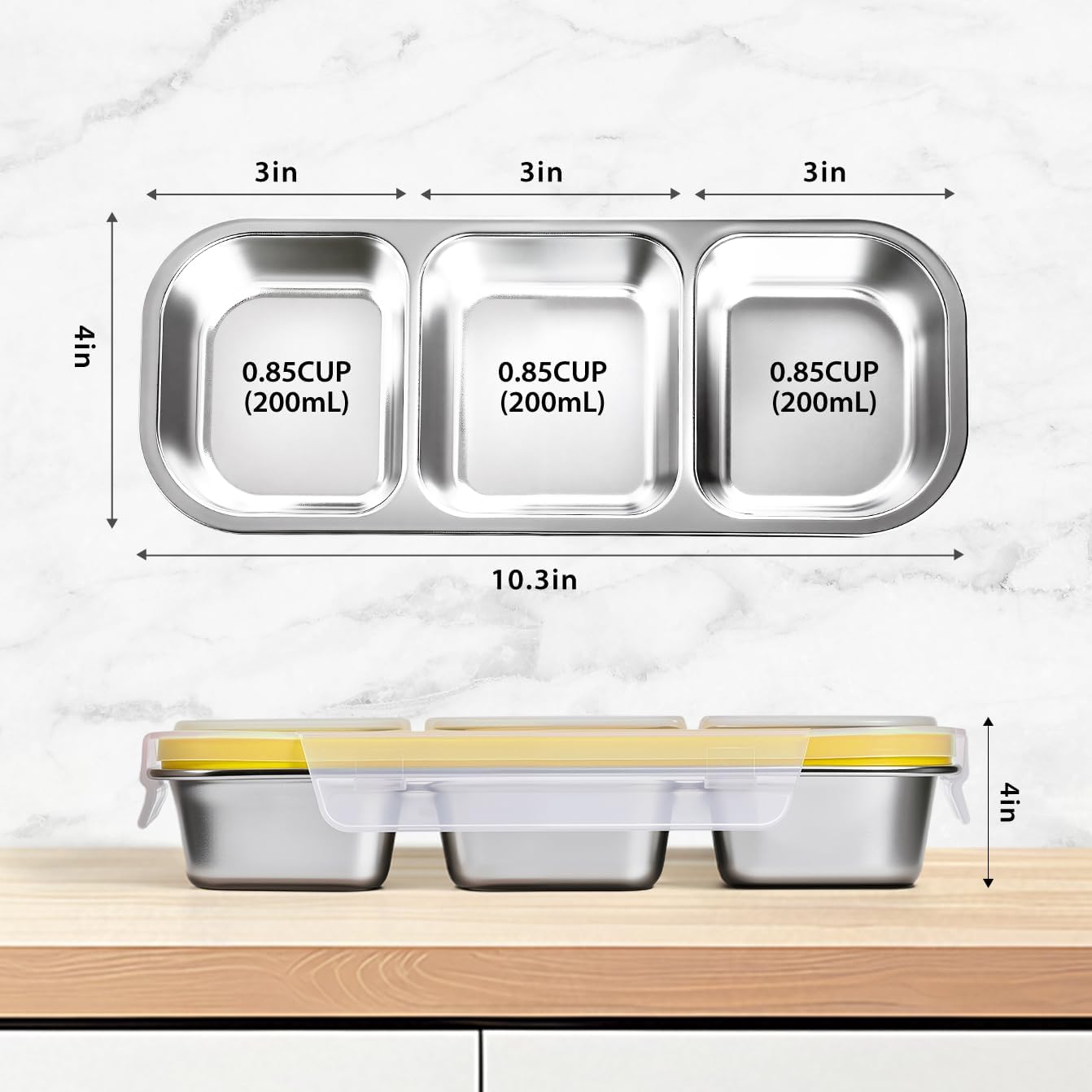 Stainless Steel Snackle Box - 3Compartment Bento Box for Kids & Adults, Reusable Food Storage Containers with Lids, Lunch Box for School (Yellow)