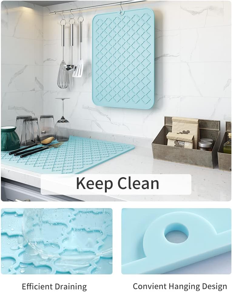 AMOAMI Dish Drying Mat,Heat-resistant,Easy Clean,Silicone Dish Drying Mats for kitchen Counter,Kitchen Gadgets Kitchen Accessories Kitchen Small Appliances (12" x 16", LIGHT BLUE)