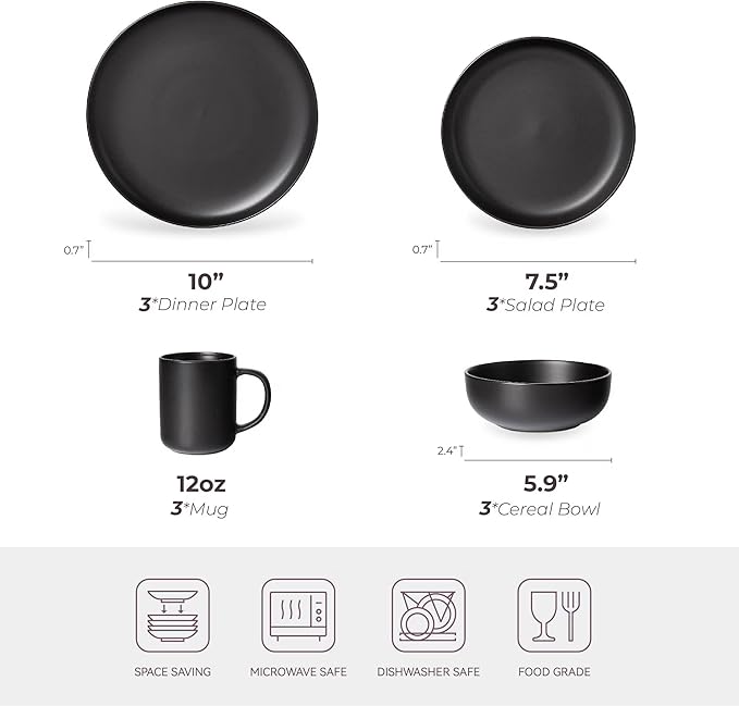 12-Piece Matte Black Dinnerware Set,Stoneware Dinnerware for 3, Microwave & Dishwasher Safe, Stackable Design for Kitchen and Dining - Plates,Bowls and Mugs