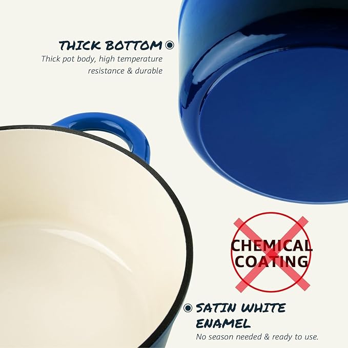 Overmont Enameled Cast Iron Dutch Oven - 5.5QT Pot with Lid Cookbook & Cotton Potholders - Heavy-Duty Cookware for Braising, Stews, Roasting, Bread Baking blue
