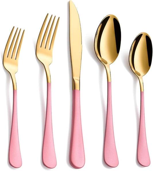 20-Piece Gold Silverware Set, 18/0 Stainless Steel Pink Handle Flatware Set, Service for 4, Modern Cutlery Set Includes Dinner Knives Forks Spoons, Mirror Polished, Dishwasher Safe
