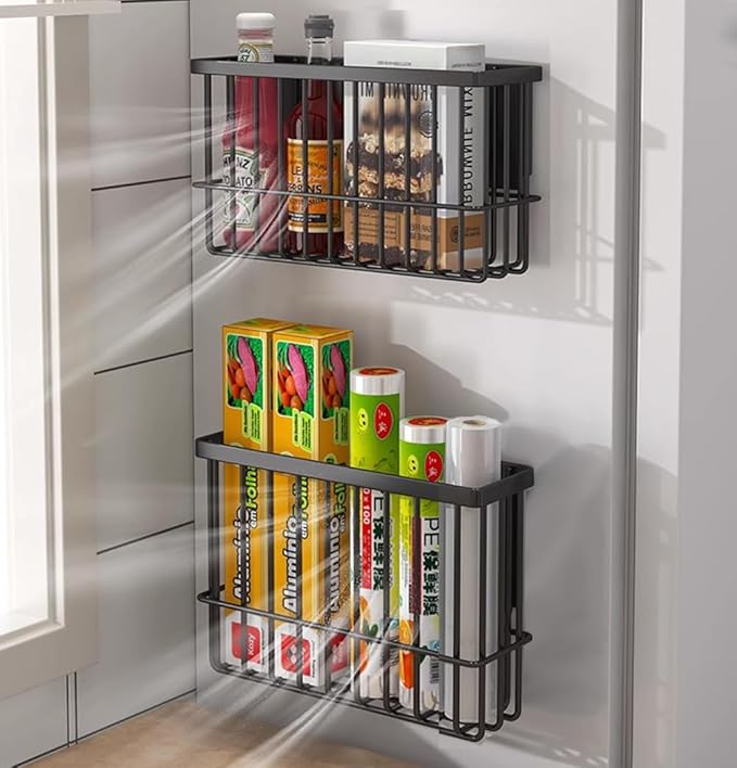 2 Piece Kitchen Cabinet Door Storage Box,Self Adhesive Wall Mounted Storage Boxes,Wardrobe/Bathroom/Refrigerator Small Items Organizer Storage Box (Black)