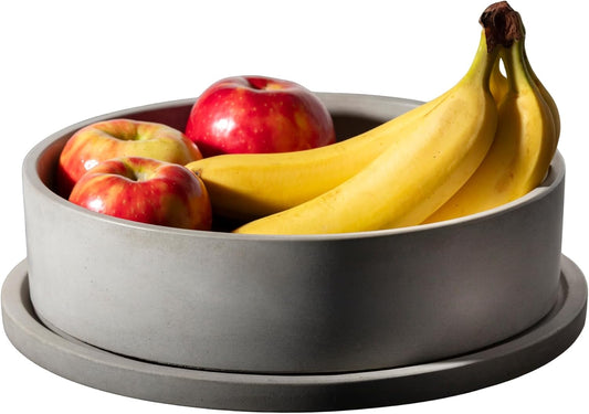 Simon Brothers Concrete Fruit Bowl with Tray for Kitchen Counter - Large Decorative Bowl for Home Decor - Modern Key Bowl for Entryway Table - Minimalist Decor for Coffee Table