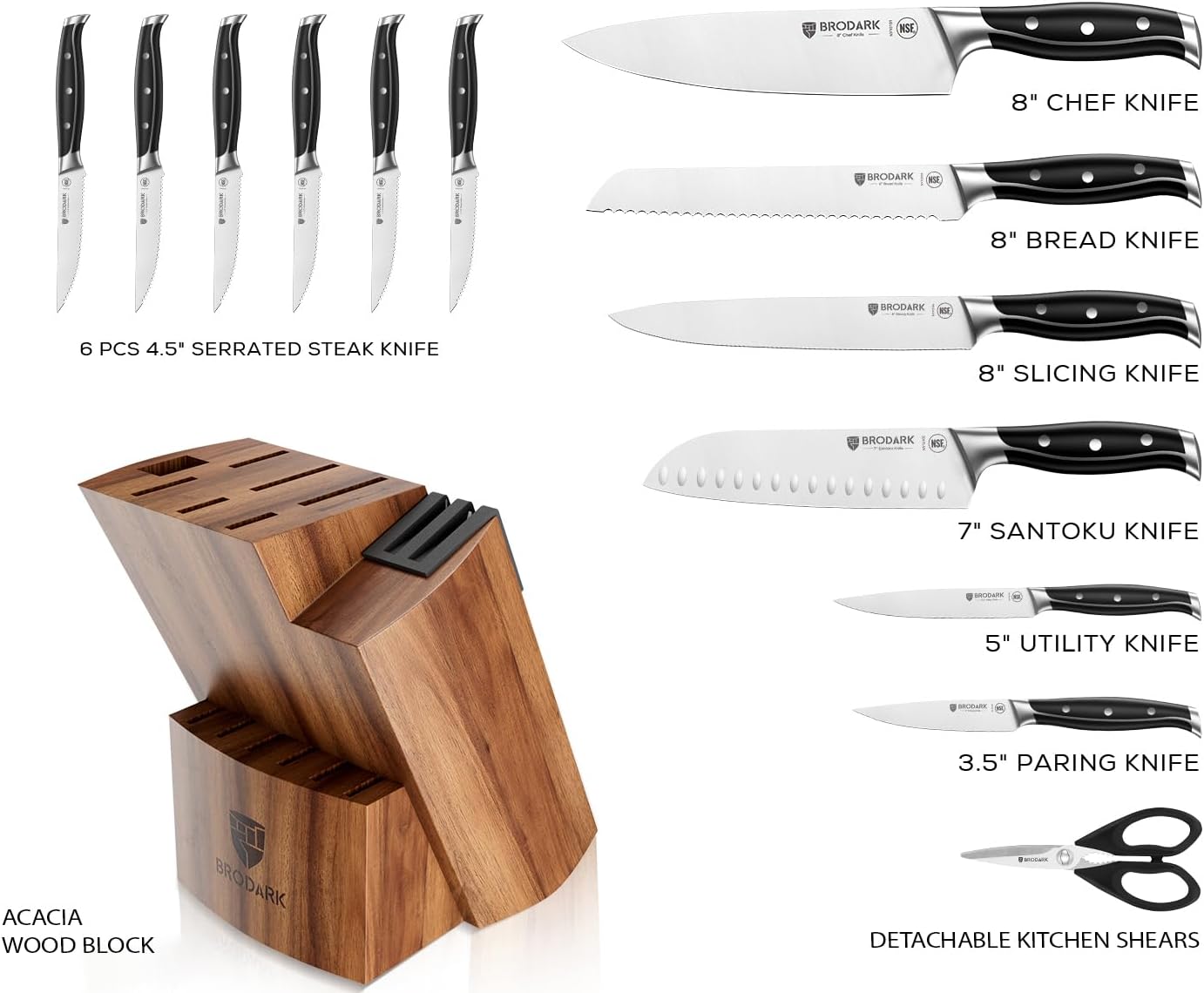 BRODARK Kitchen Knife Set with Block, Full Tang 15 Pcs Professional Chef Knife Set with Knife Sharpener, Food Grade German Stainless Steel Knife Block Set, Steel-king Series