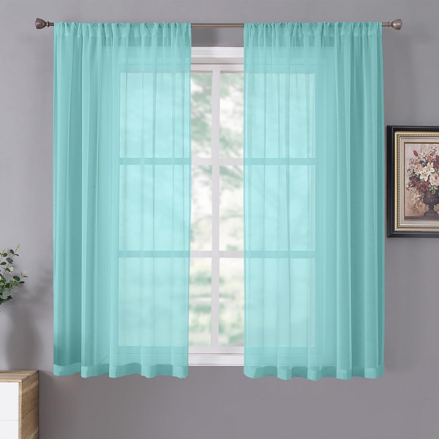 Tollpiz Sheer Curtains Linen Textured Bedroom Curtain Sheers Light Filtering Rod Pocket Voile Curtains for Living Room, 54 x 63 inches Long, Crystal Blue, Set of 2 Panels