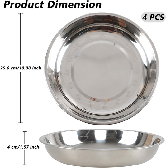 4-Piece Stainless Steel Round Plates, Dinner Plate Dish, 10-Inch