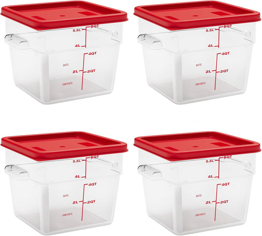 6 Quart Set of 4 Food Storage Containers,Food Containers with Lids and Handles,Square Commercial Food Containers for Kitchen, Restaurant，Refrigeration etc