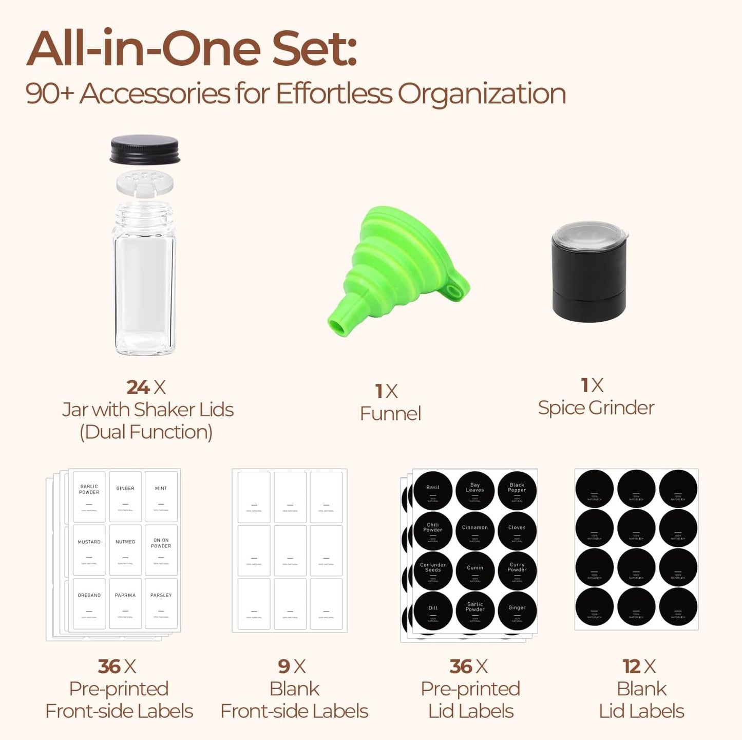 ComSaf 15Pcs 4oz Glass Spice Jars with Shaker Lids, 93 Labels, a Handy Funnel, a Pepper Grinder, Empty Spice Containers and Square Spice Bottles for Kitchen and Seasoning