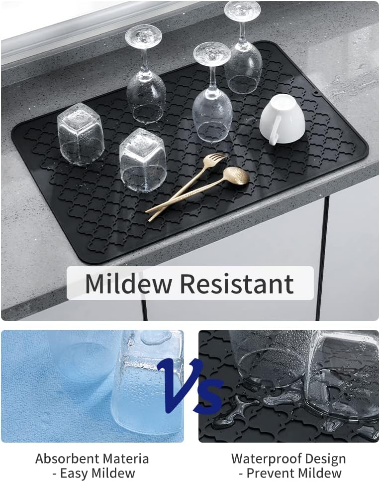 AMOAMI Dish Drying Mat,Heat-resistant,Easy Clean,Silicone Dish Drying Mats for kitchen Counter,Kitchen Gadgets Kitchen Accessories Kitchen Appliances (16" x 24", BLACK)